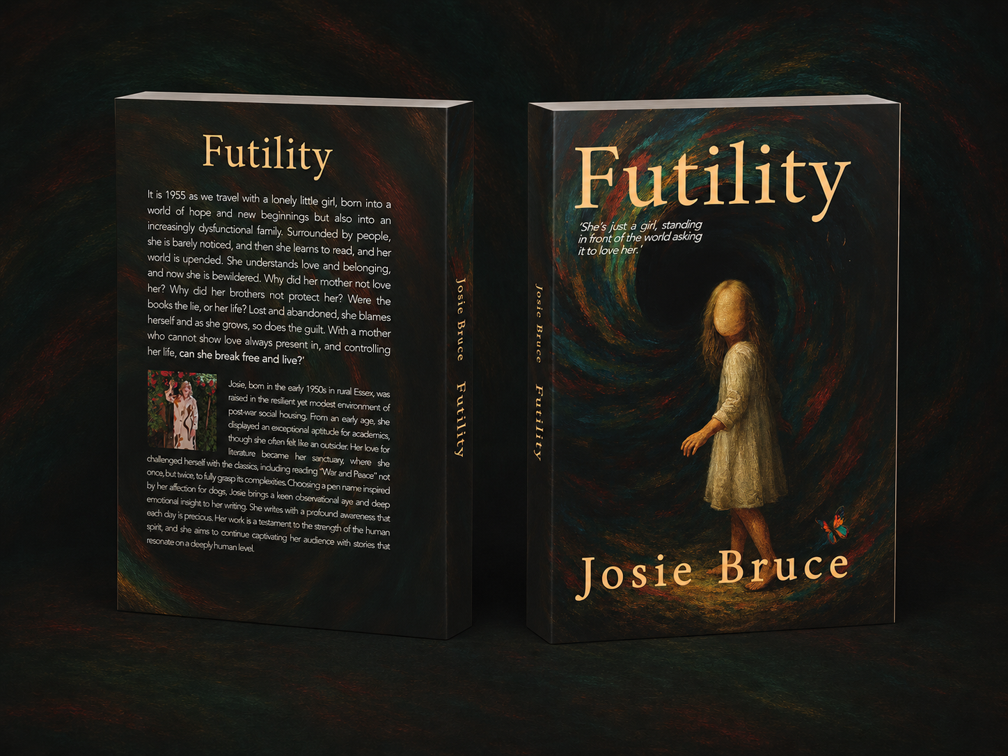 Futility paperback showing front, spine and back in a dark green studio mockup