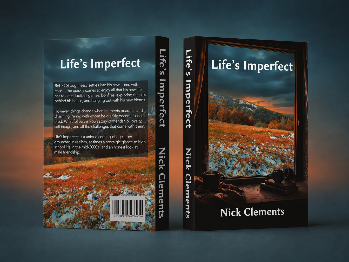 Life's Imperfect paperback showing front, spine and back in a teal and burnt orange studio mockup