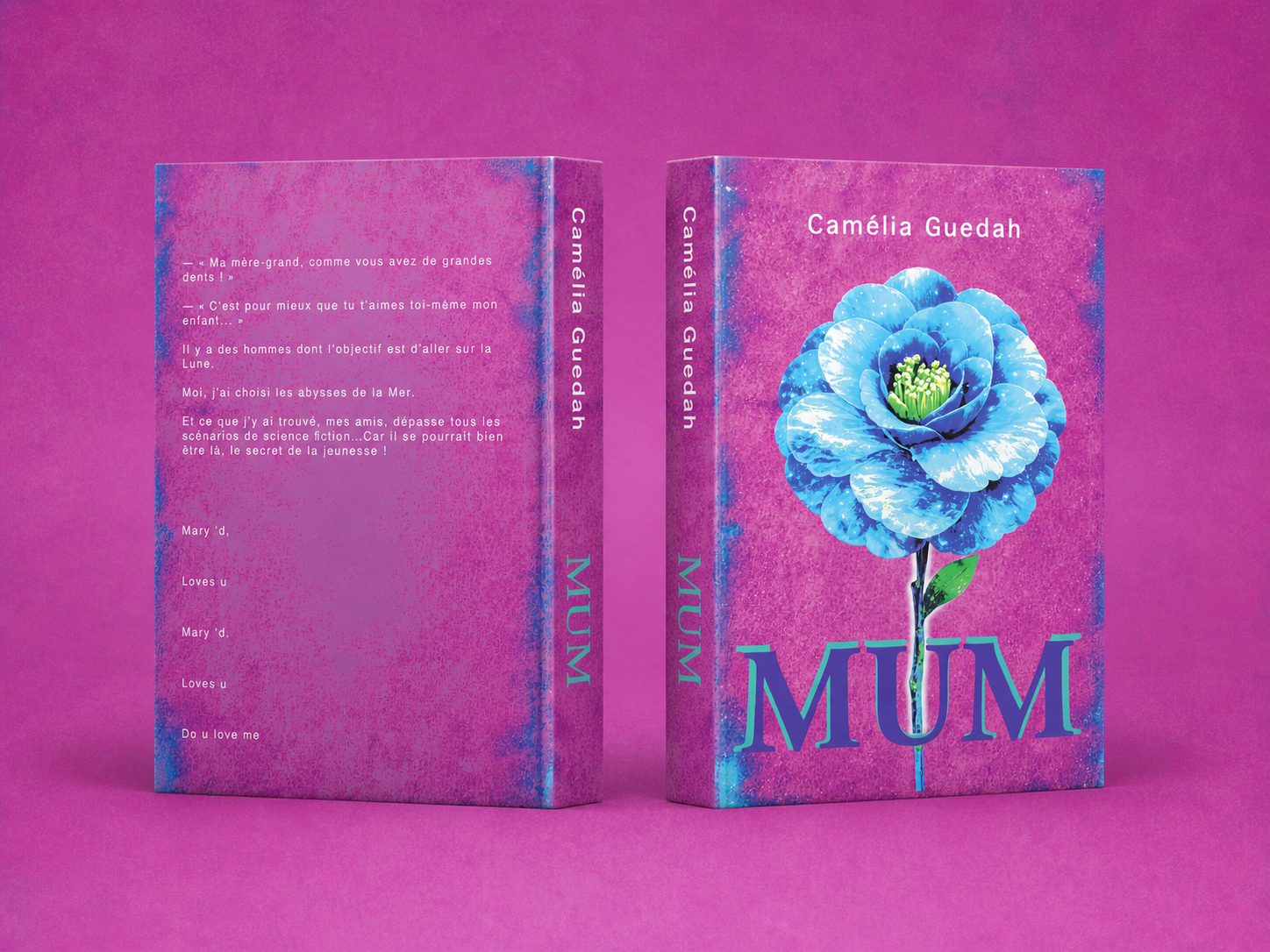 MUM paperback showing front, spine and back in a magenta studio mockup