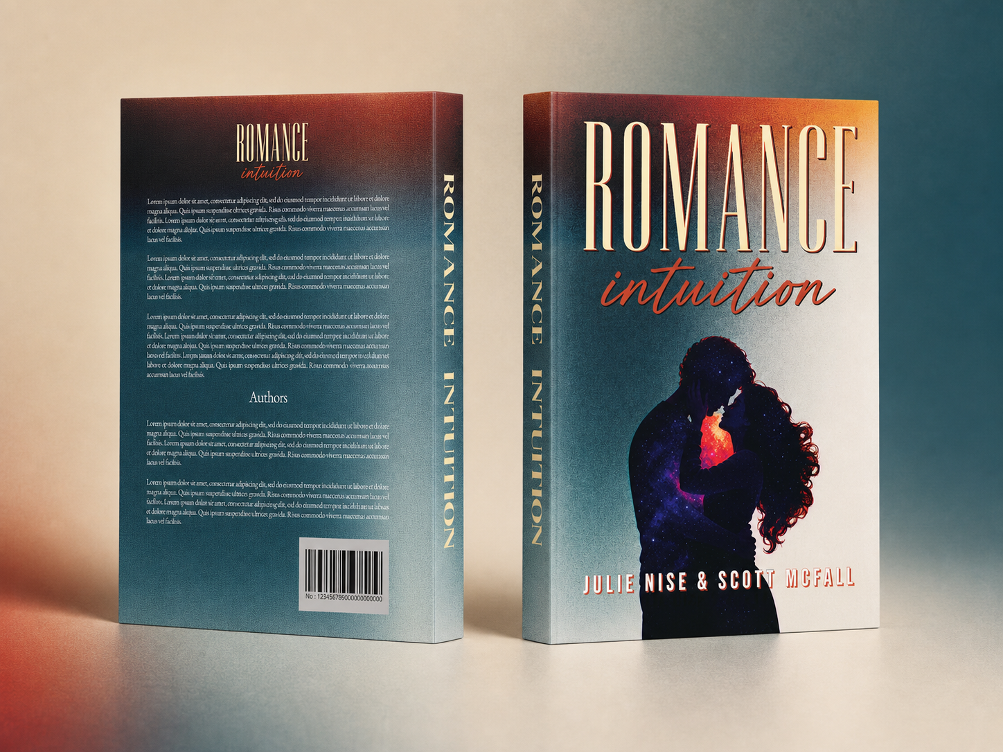 Romance Intuition paperback showing front, spine and back in a teal and cream studio mockup