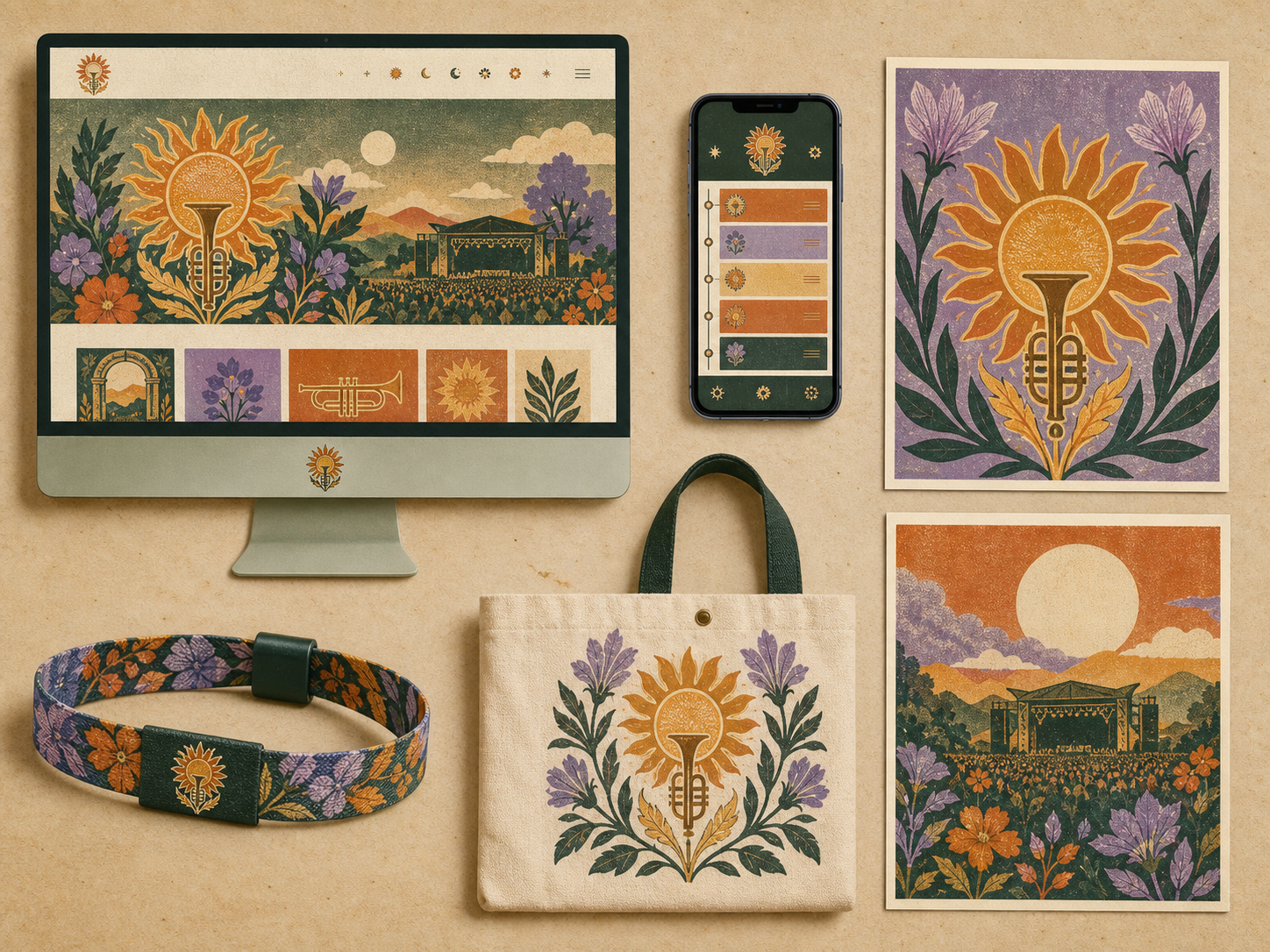 Brass Garden digital schedule, event posters, printed matter, tote bag and wristband
