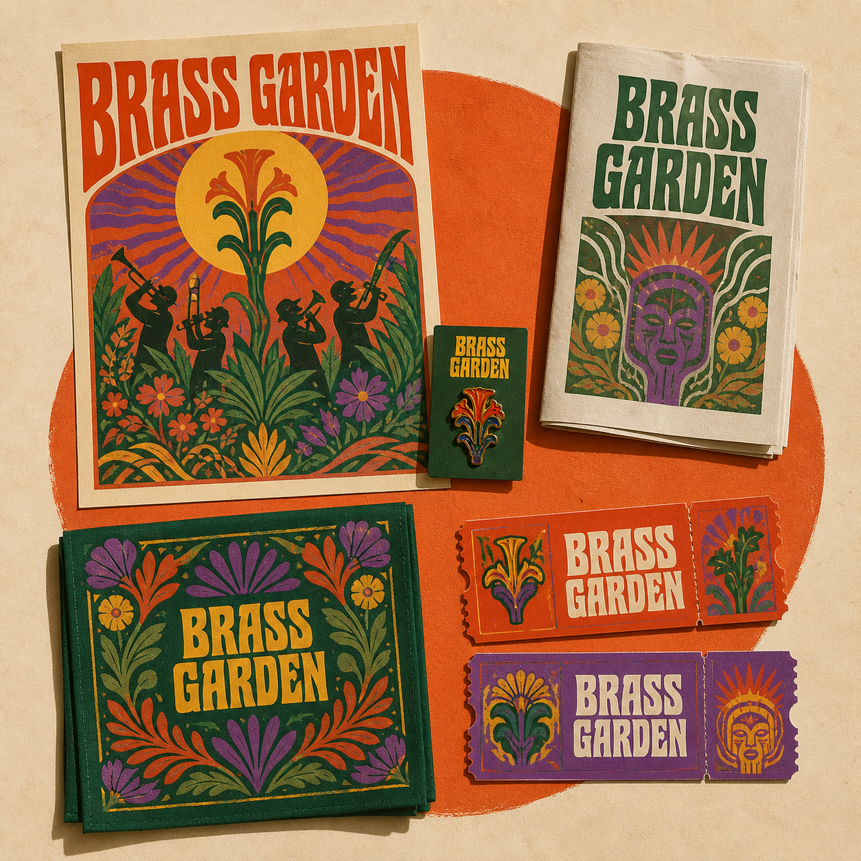 Brass Garden festival identity with event posters, tickets, pin, zine and patterned fabric