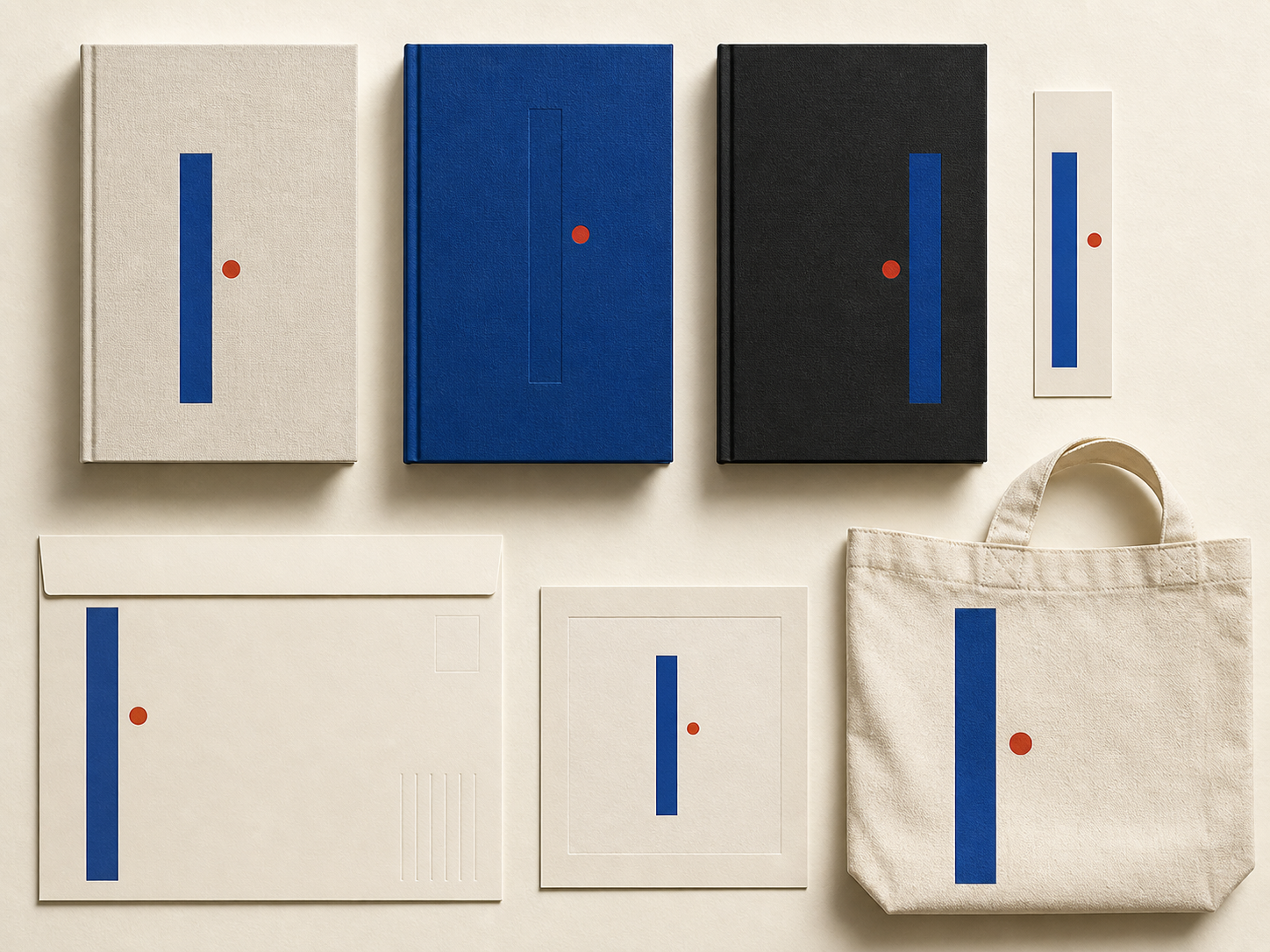 Daymark Press identity on books, bookmark, publishing mailer, stationery and tote