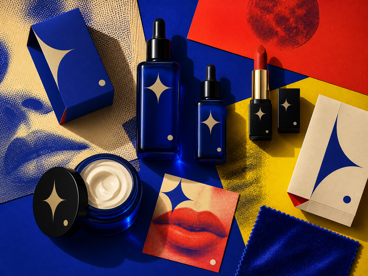 Vela Skin product identity: serum, lipstick, jar, carton and print textures